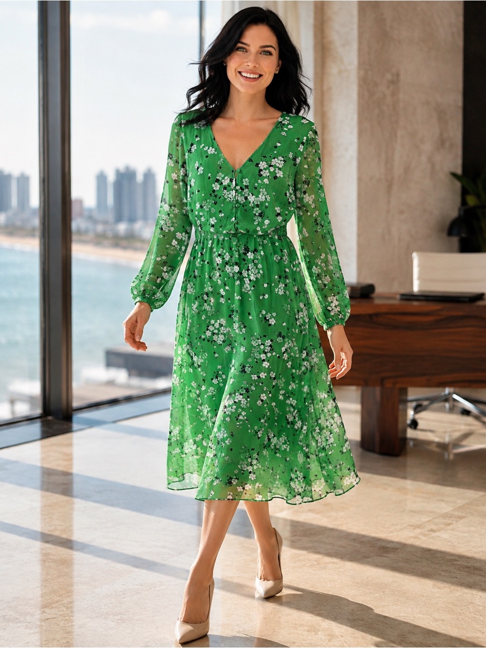 🍏cupcakes & cashmere Bright Green Floral Midi Dress